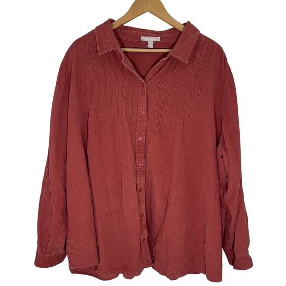 Woman Within Tops - Woman Within Corduroy Button Down Shirt Size 3X Dusty Red Pink Fall 100% Cotton